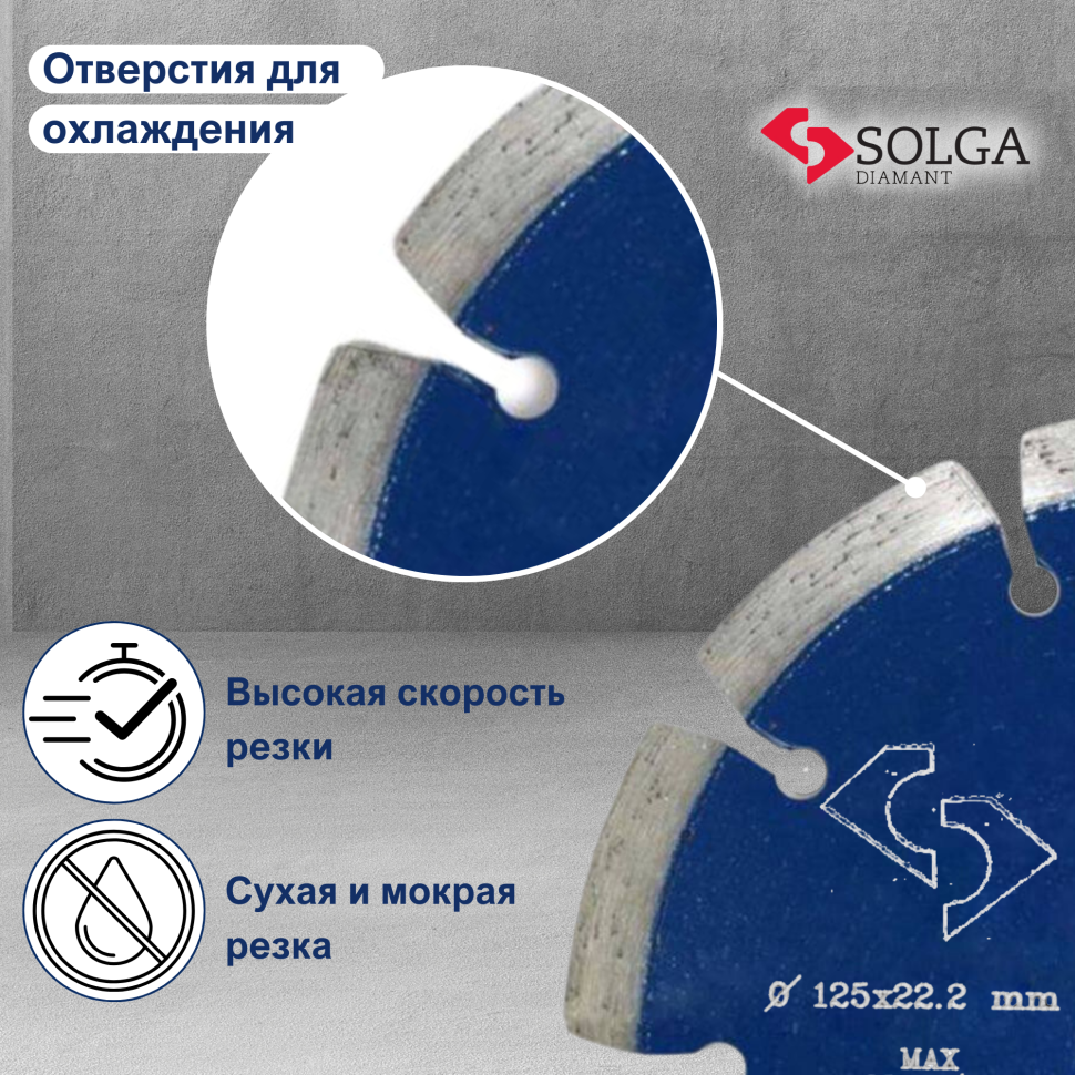 Диск алмазный СОЛГА ДИАМАНТ (Solga Diamant) ПРОФЕССИОНАЛ (PROFESSIONAL) сегментный по железобетону 125х22,23 мм (13703125)